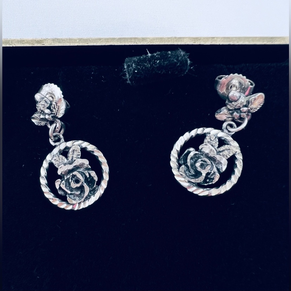 Vintage Black Hills Gold Sterling Silver Diamond Cut Rose Dangle Drop Earrings